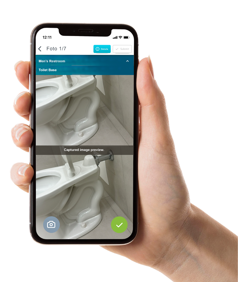 Cleaning staff submitting photo proof via the FotoFinish app at a commercial restroom facility